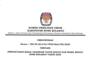 Pengumuman Pendaftaran Bakal Pasangan Calon Bupati dan Wakil Bupati Bone Bolango Tahun 2020