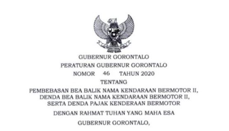 Peraturan Gubernur Gorontalo tentang Pembebasan Bea BBNKB II, Denda BBNKB dan Denda PKB