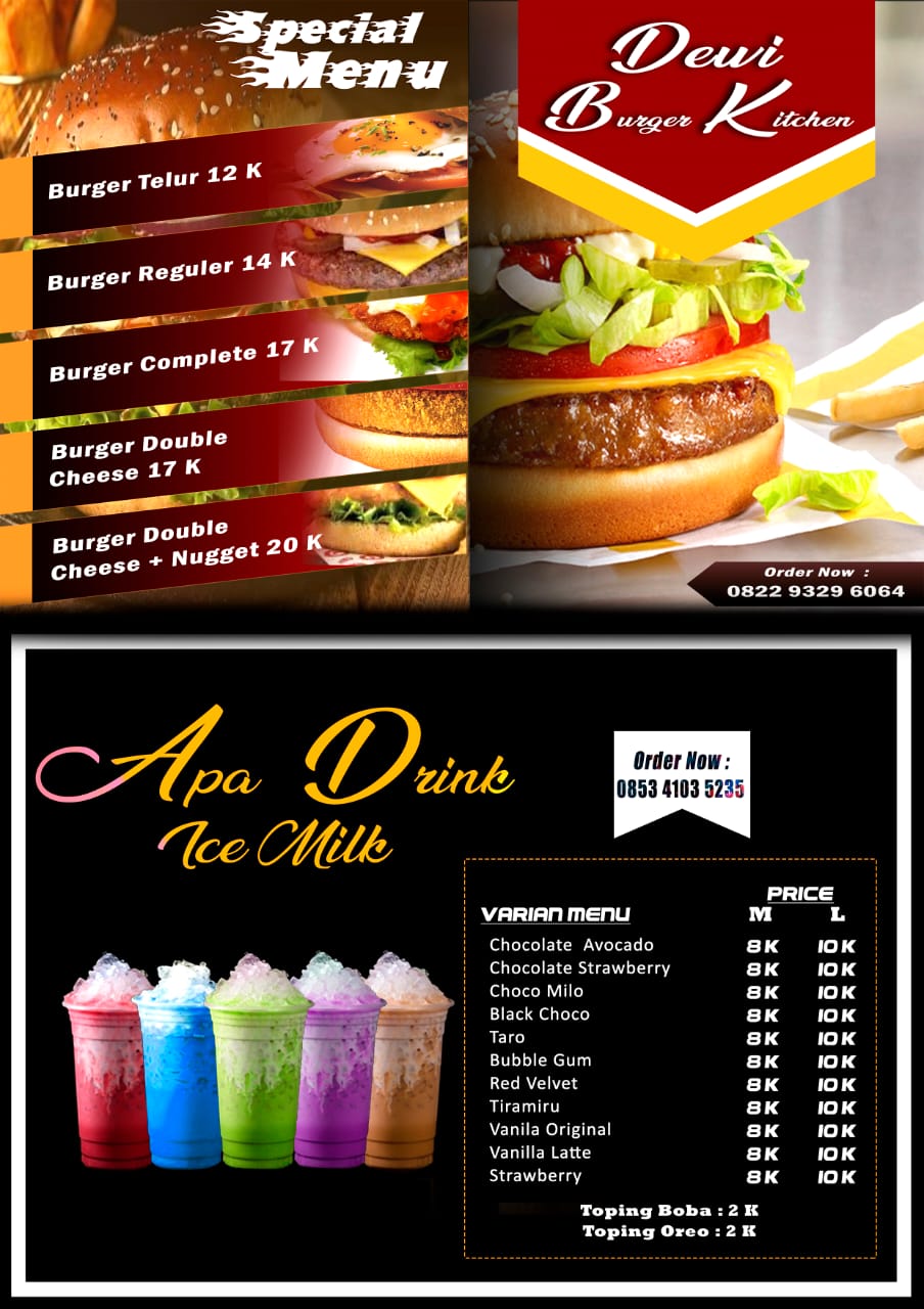 Ilustrasi Berbagai Menu Burger dan Minuman di Dewi Burger Kitchen