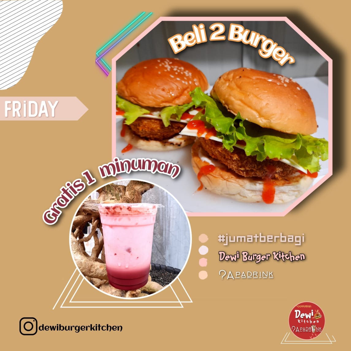 Promo Beli 2 Burger Gratis 1 Minuman di Dewi Burger Kitchen