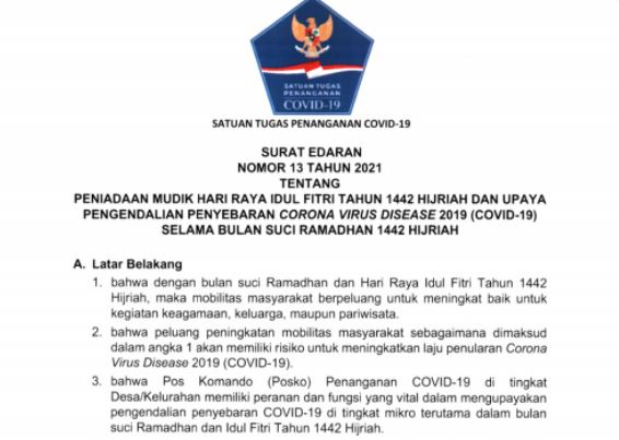 Surat Edaran Satgas Covid-19 Penundaan Mudik Lebaran 1442 H