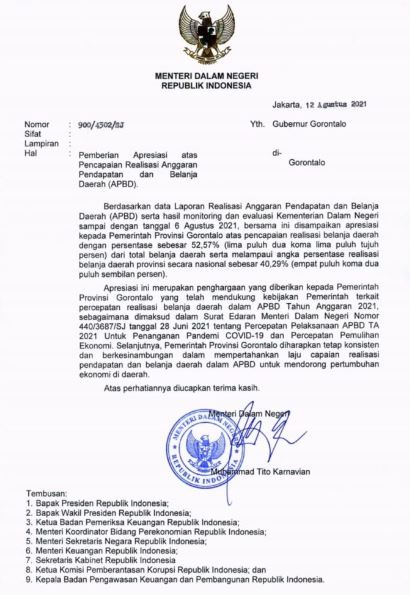 Realisasi Belanja Tinggi, Gorontalo Diapresiasi Menteri Dalam Negeri