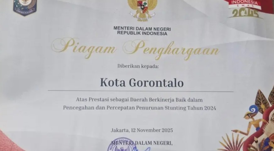 Tangani Stunting dengan Baik, Kota Gorontalo Raih Penghargaan dari Kementerian Dalam Negeri